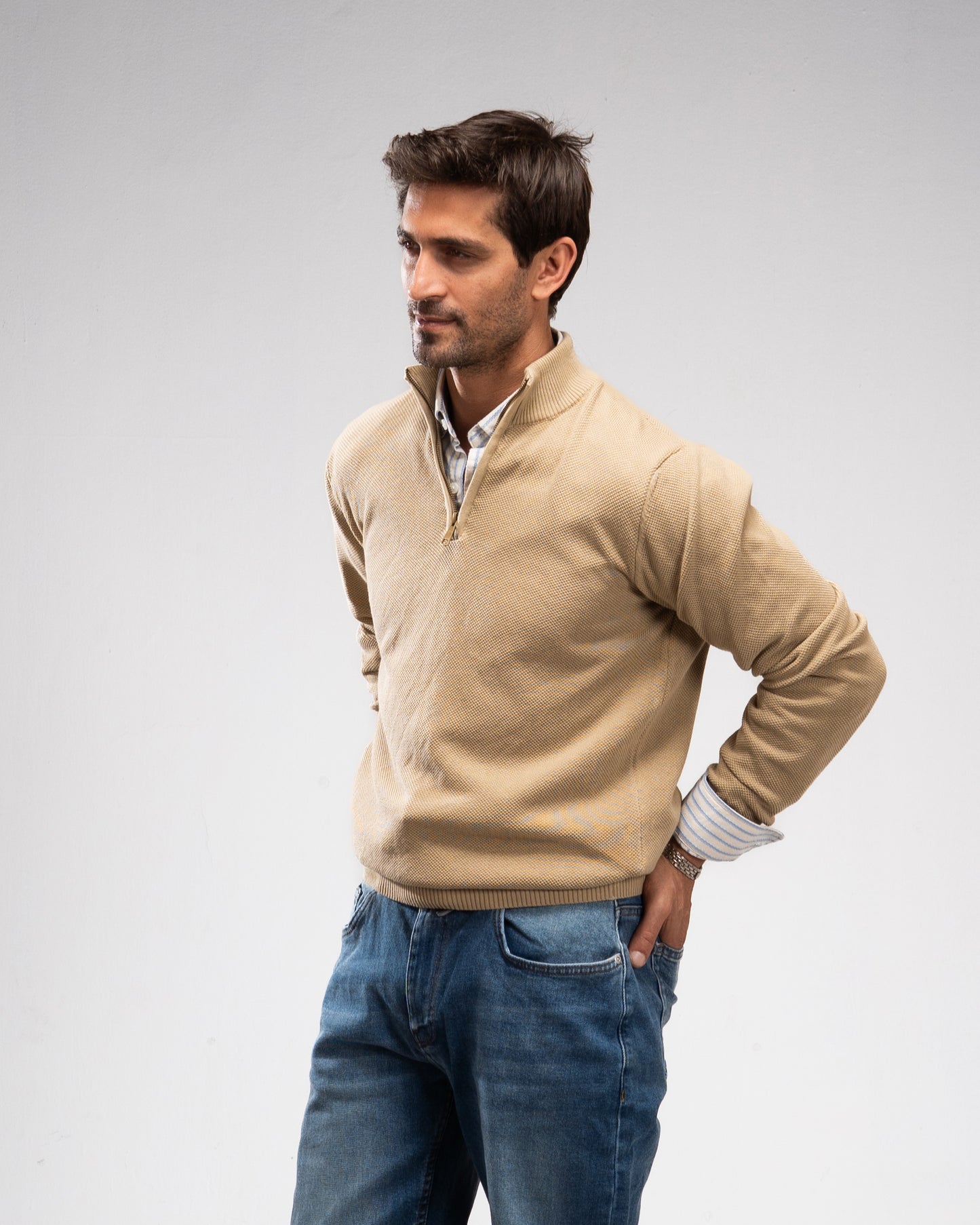 Pique Knit Quarter-Zip Sweater - Beige