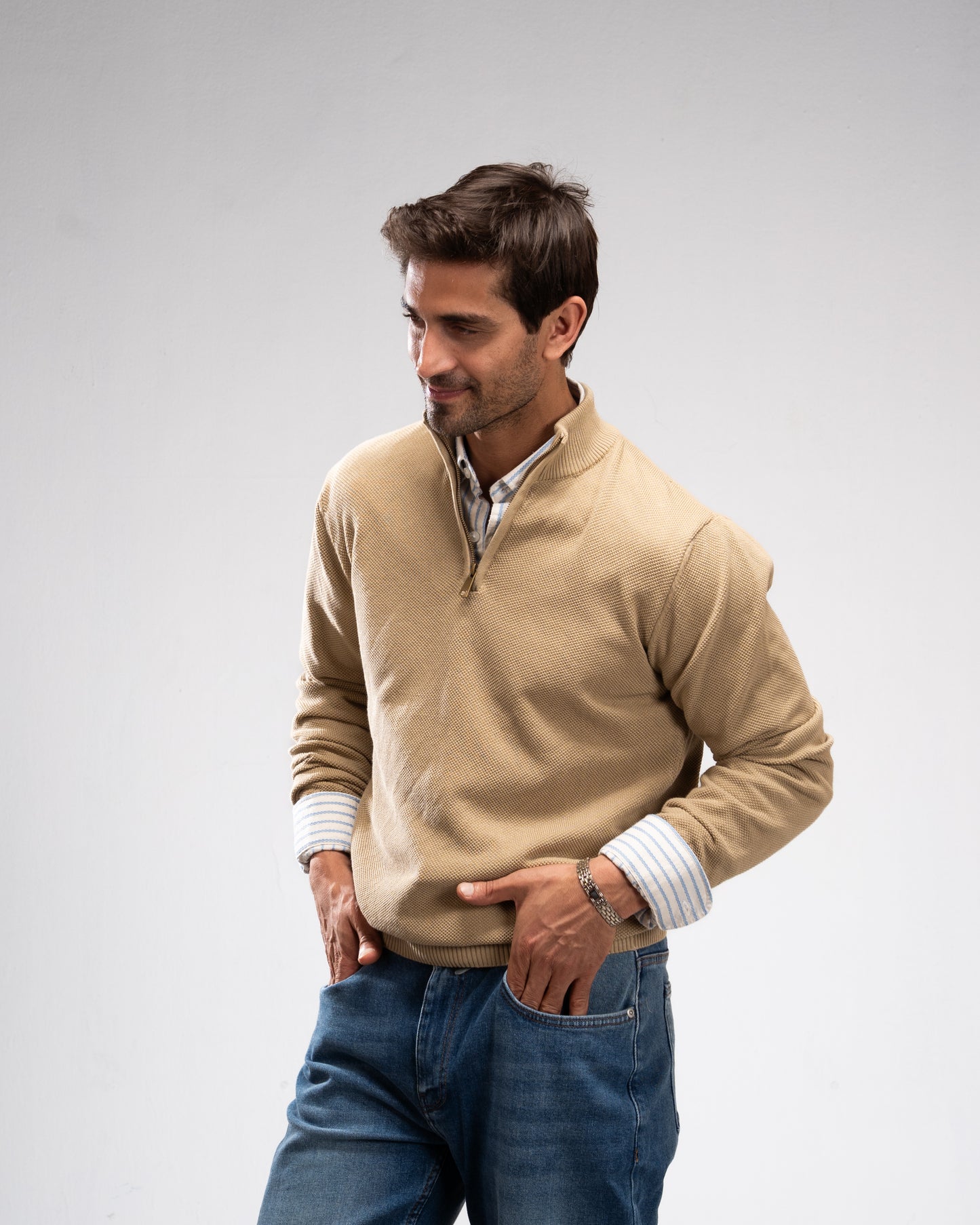 Pique Knit Quarter-Zip Sweater - Beige