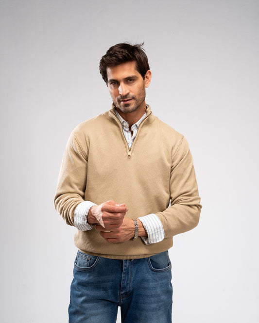 Pique Knit Quarter-Zip Sweater - Beige