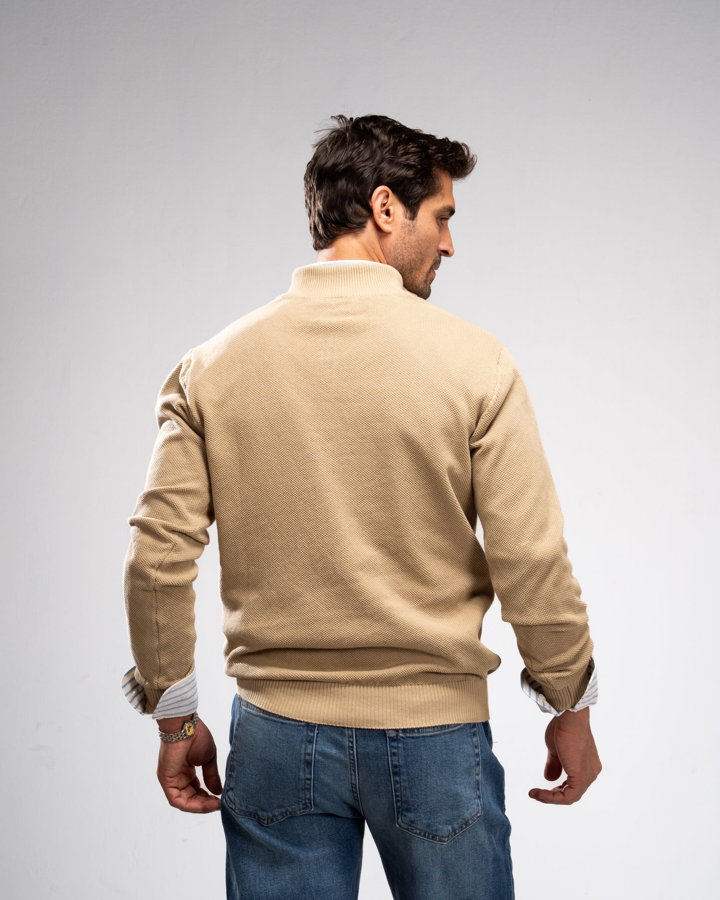 Pique Knit Quarter-Zip Sweater - Beige