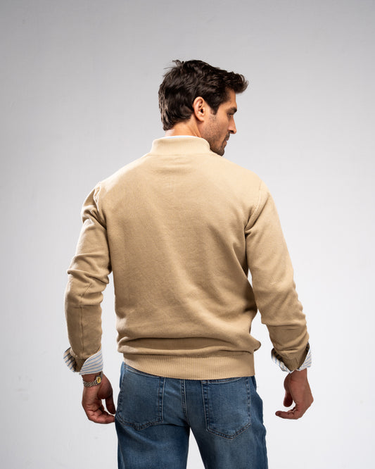 Pique Knit Quarter-Zip Sweater - Beige