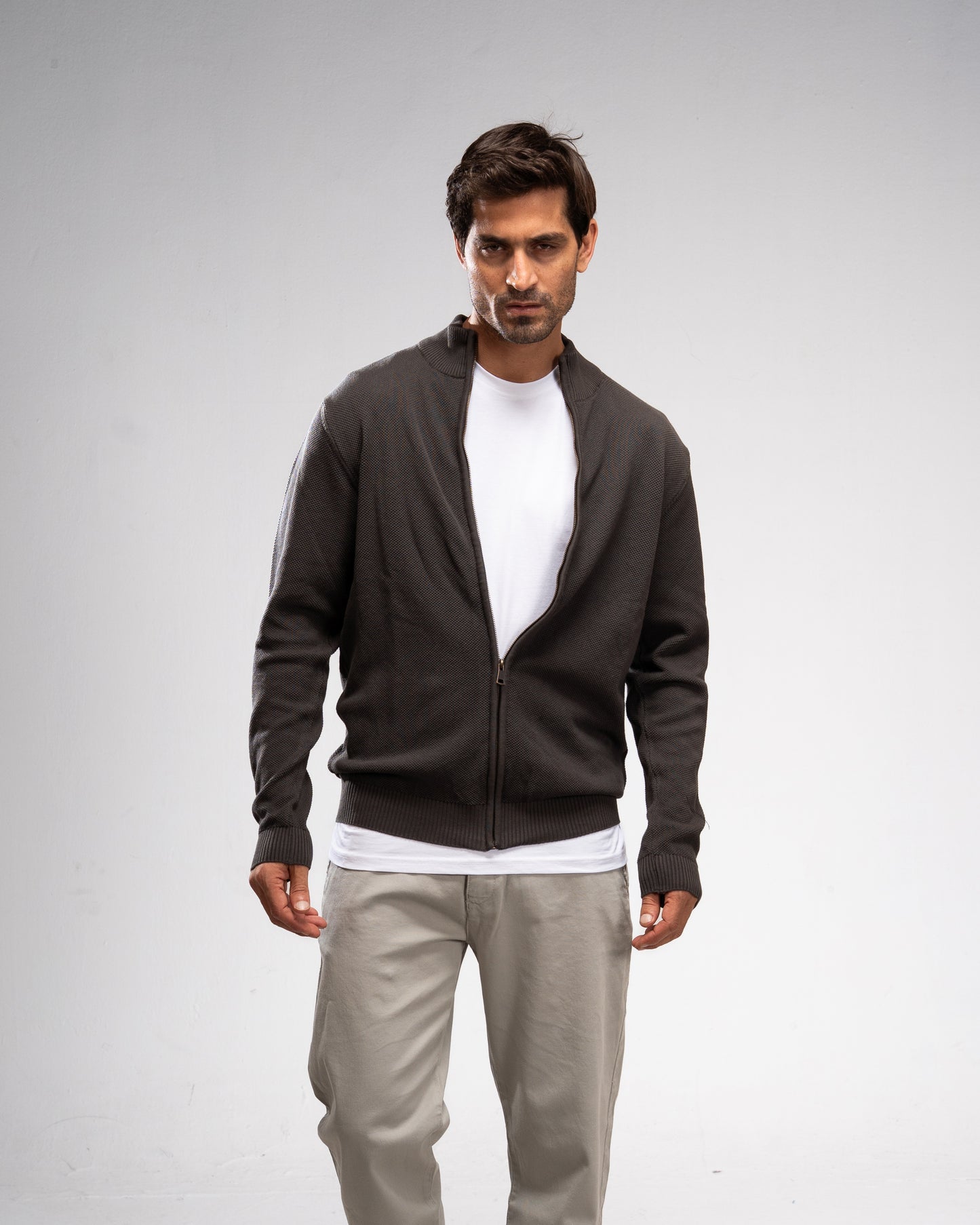 Pique Knit Full-Zip Sweater - Khaki