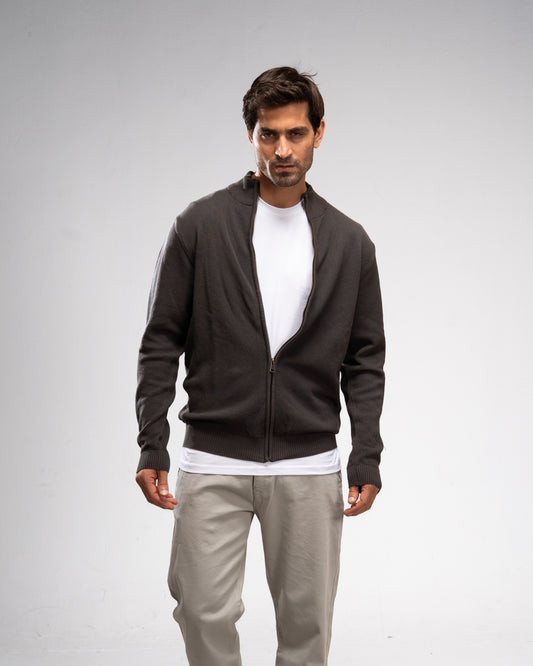 Pique Knit Full-Zip Sweater - Khaki