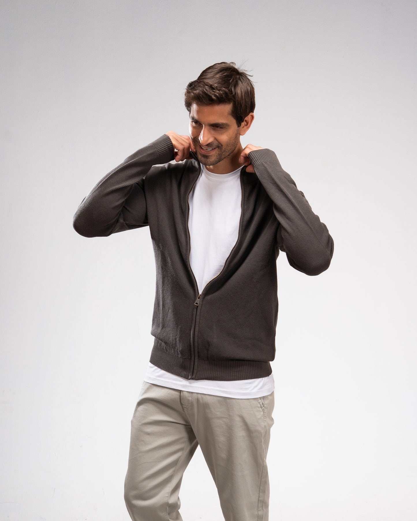 Pique Knit Full-Zip Sweater - Khaki