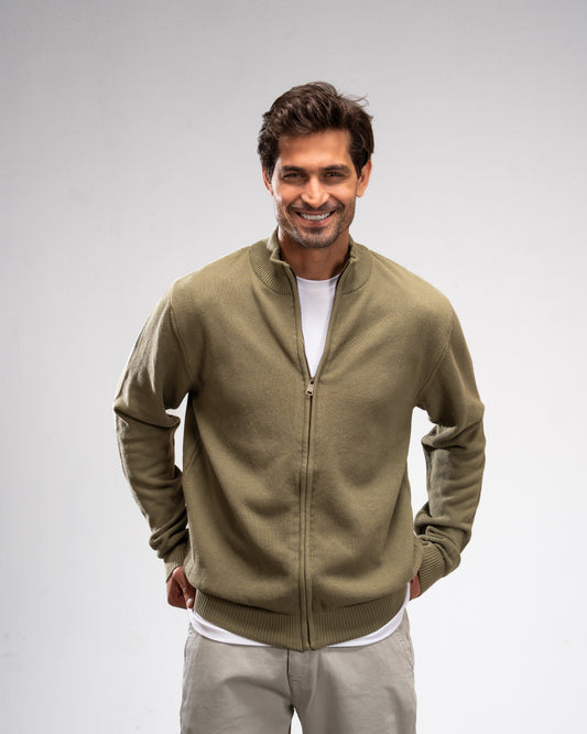 Pique Knit Full-Zip Sweater - Olive