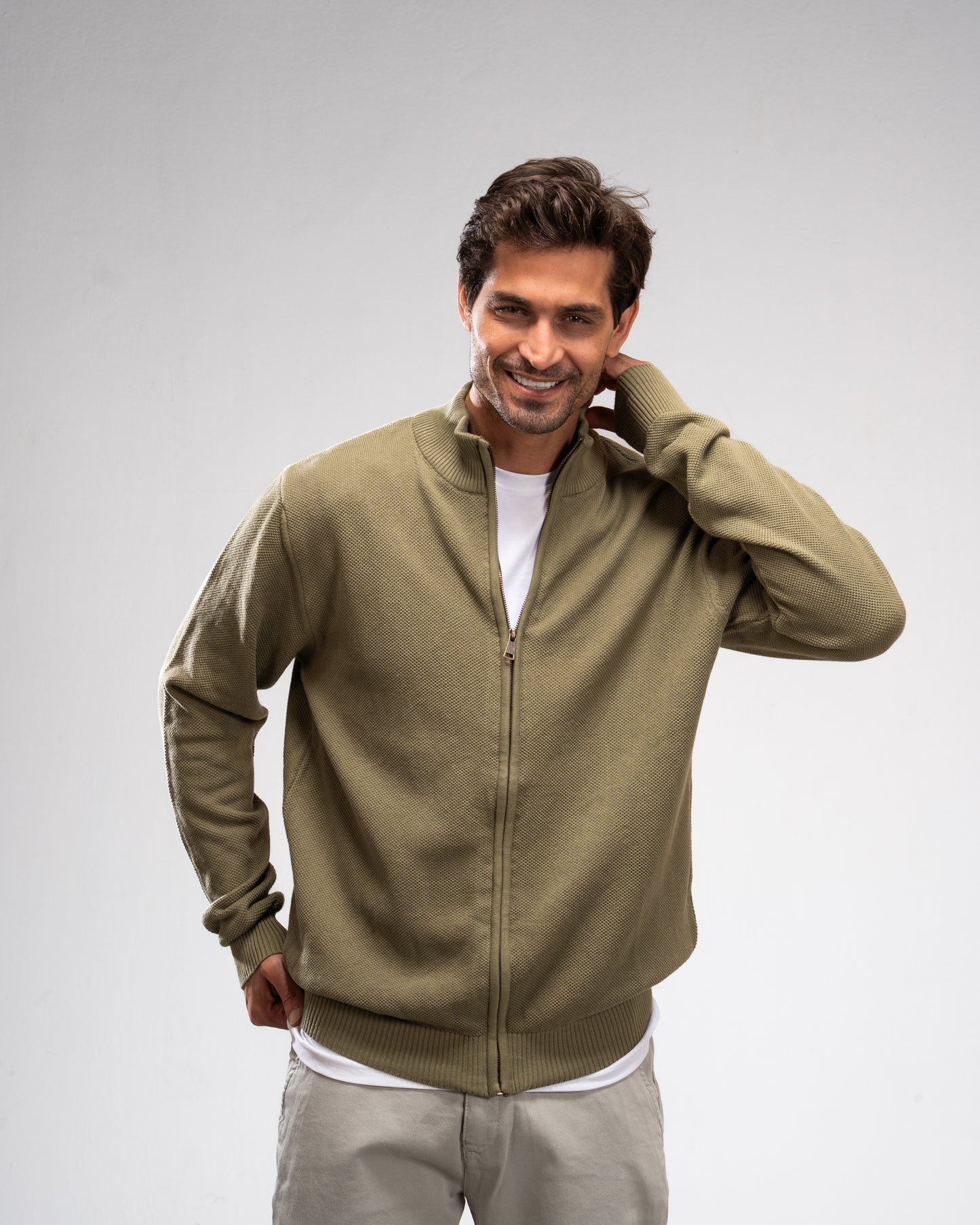 Pique Knit Full-Zip Sweater - Olive