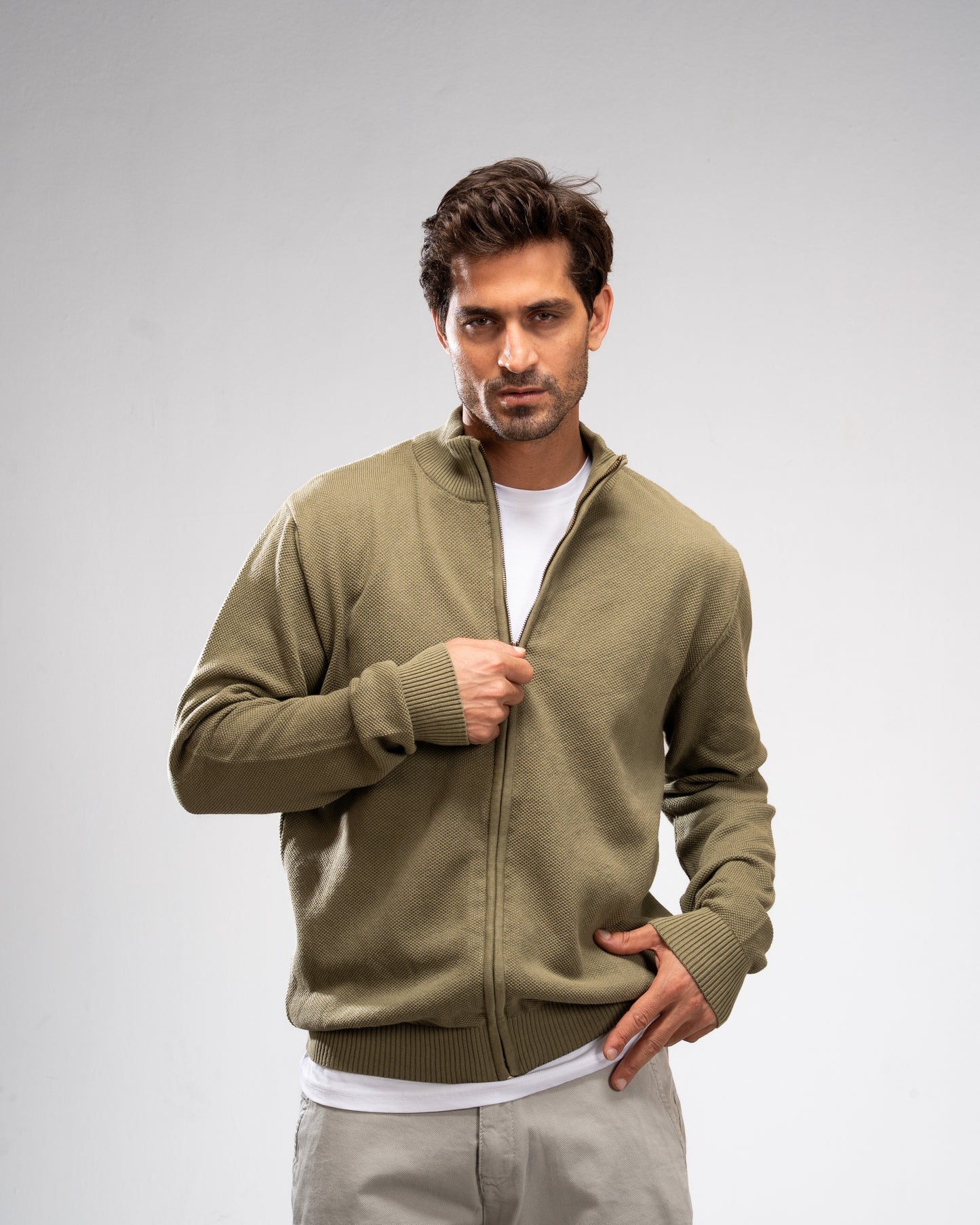 Pique Knit Full-Zip Sweater - Olive