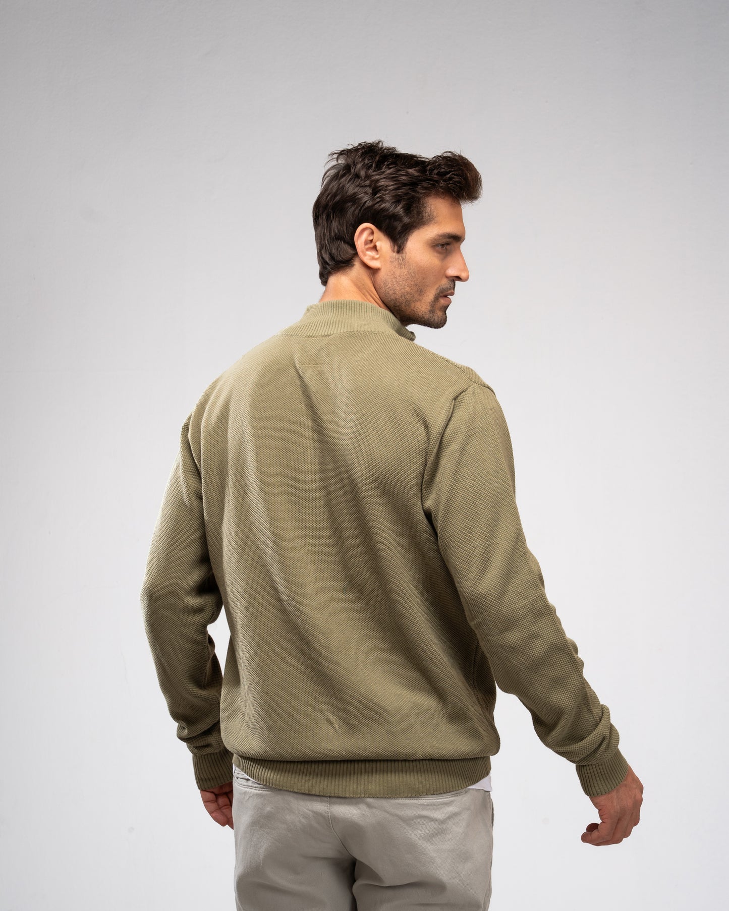 Pique Knit Full-Zip Sweater - Olive