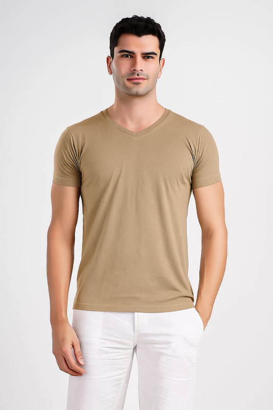 V-Neck Basic T-Shirt - Khaki