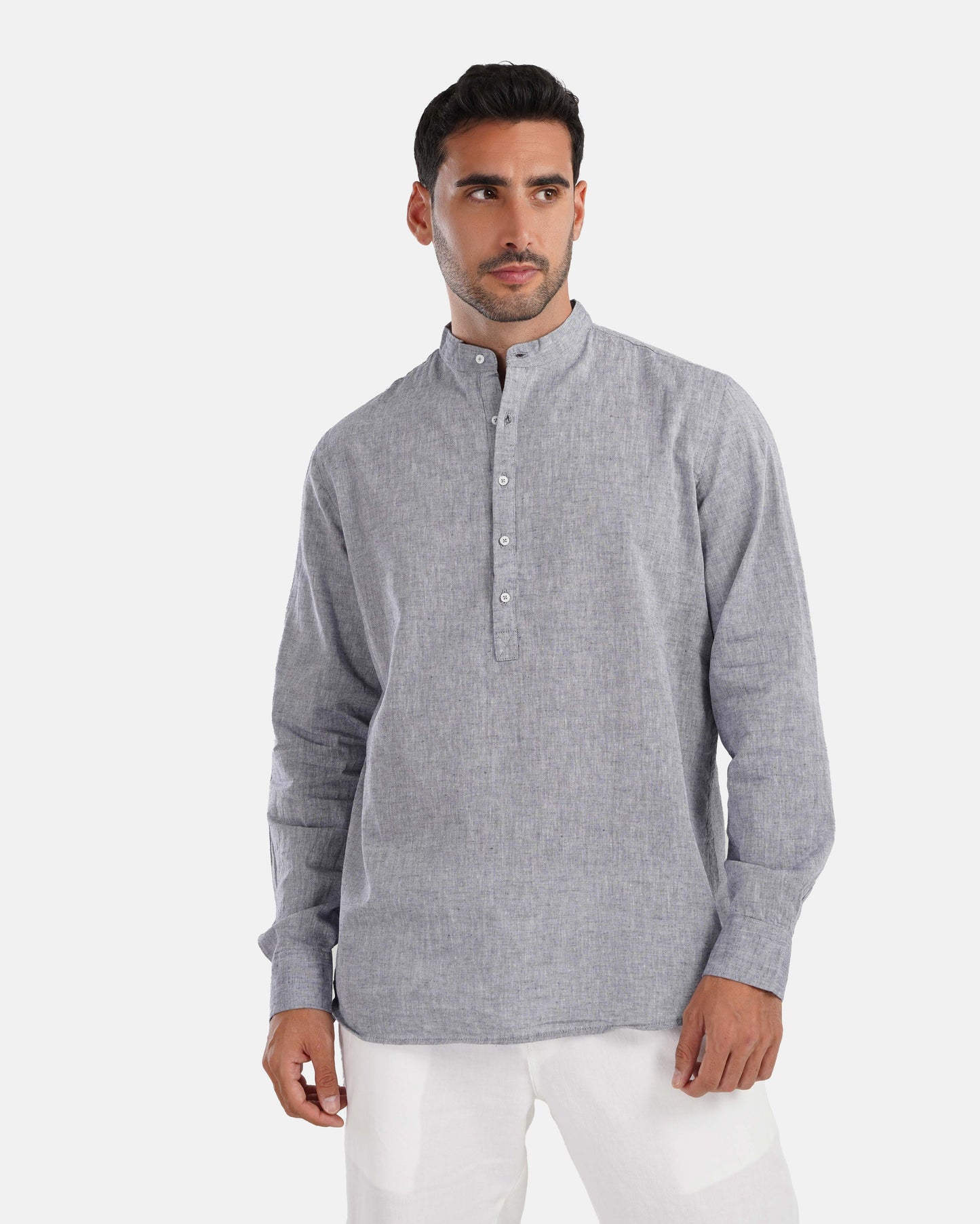 Half Collar Linen Shirt - Grey