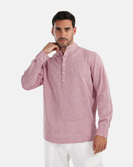 Half Collar Linen Shirt - Maroon
