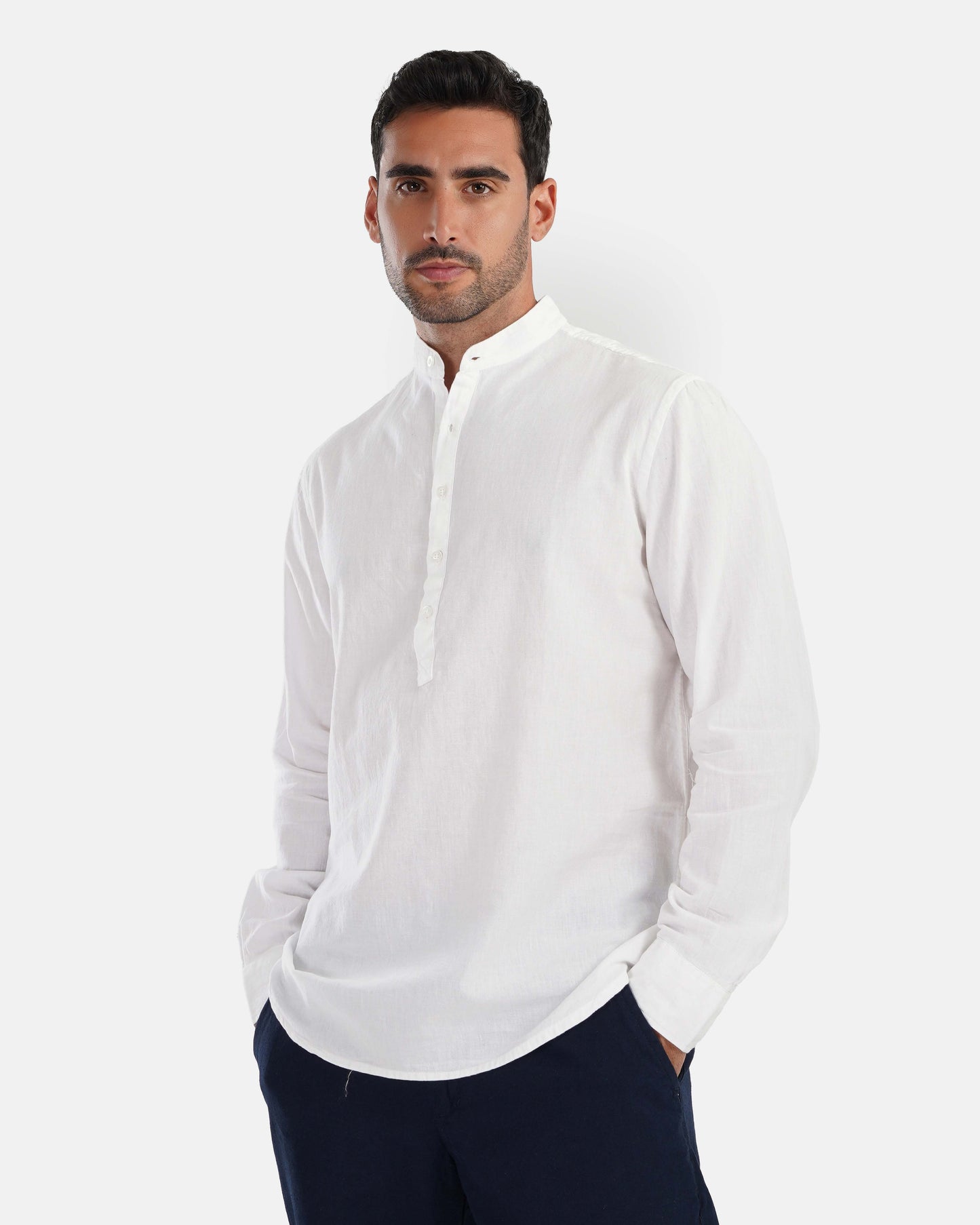 Half Collar Linen Shirt - White